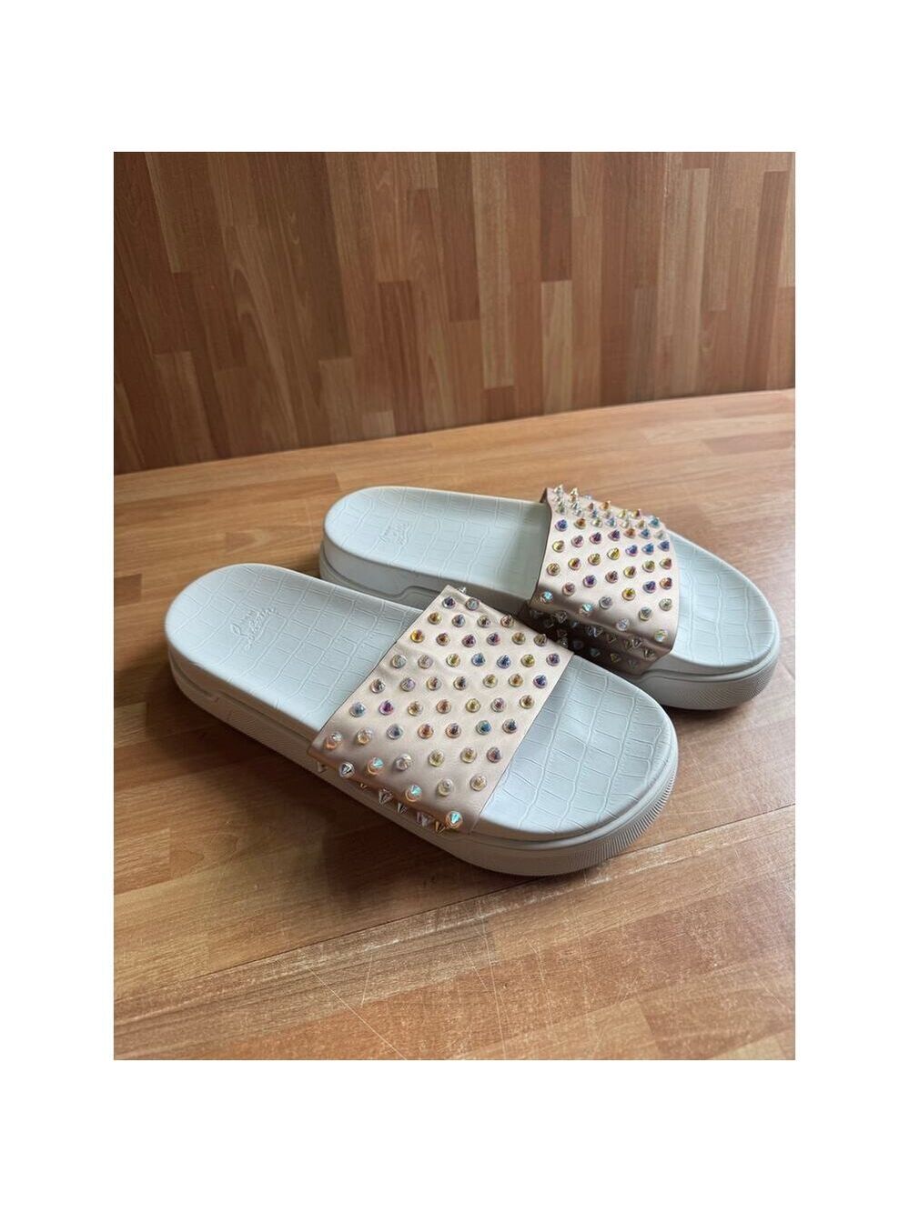 Christian Louboutin Pool Fun studded leather slides, white platform